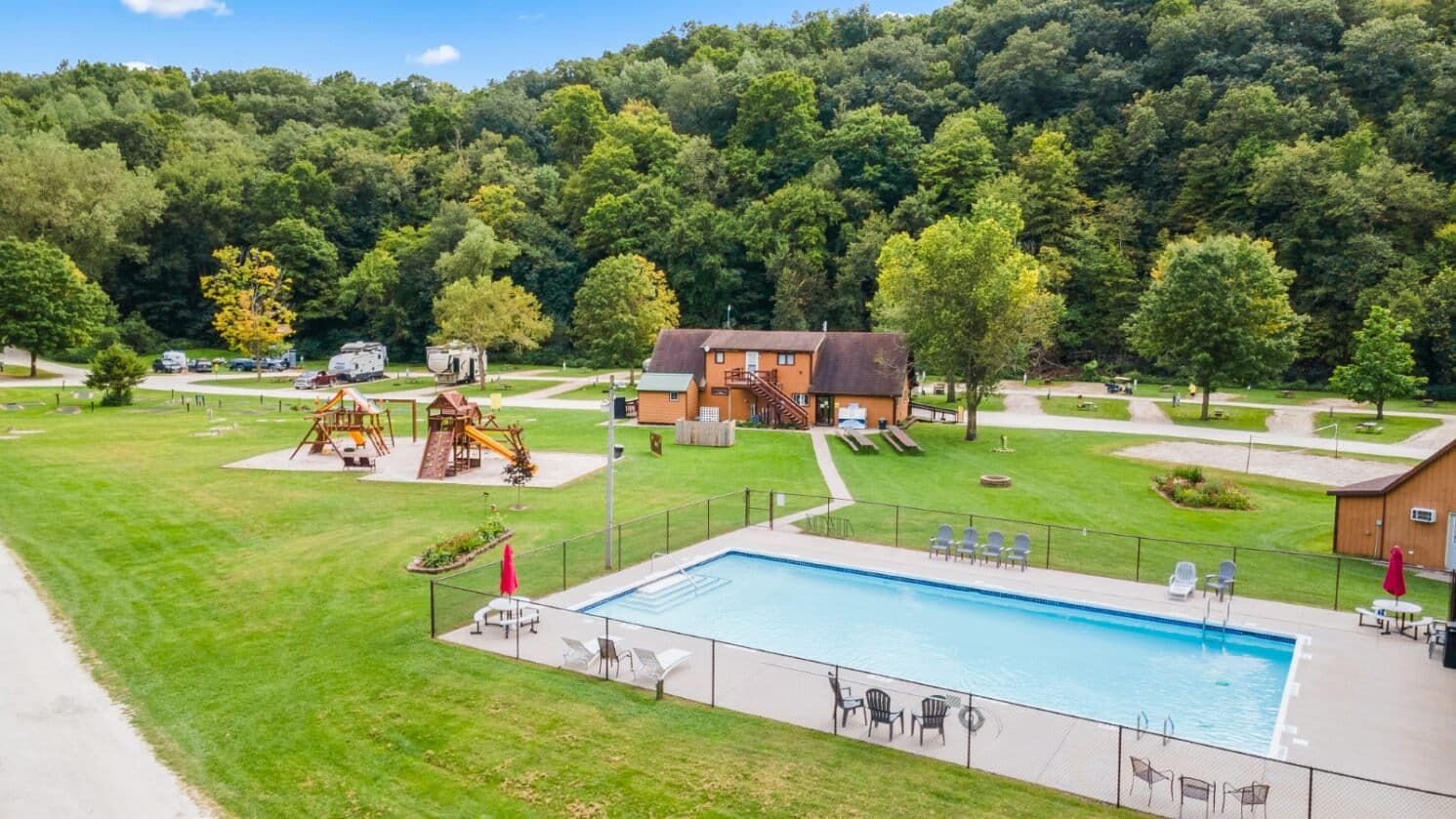 Aerial view of the pool area at Hidden Bluffs Resort