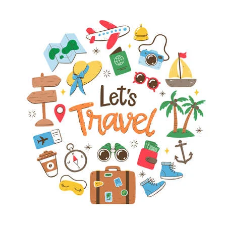 183755140 travel holiday background colorful style cute hand drawn travel icons isolated objects on white
